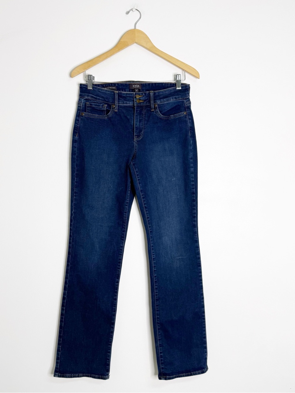 NYDJ Marilyn Straight Jeans Size 4 Dark Wash Double Button Stretch Denim